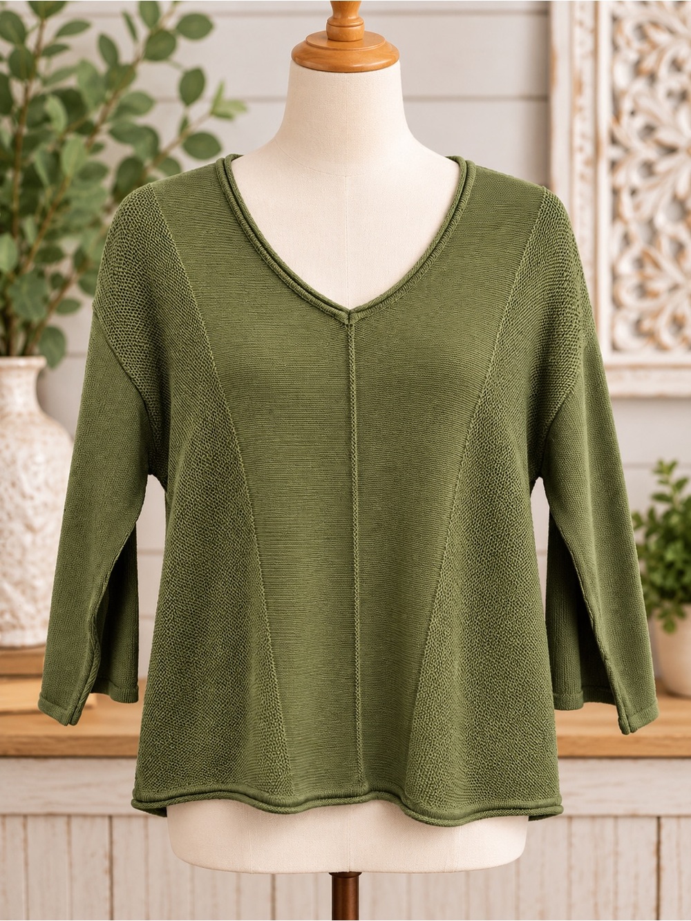 Investments Olive Green V-Neck Knit Sweater